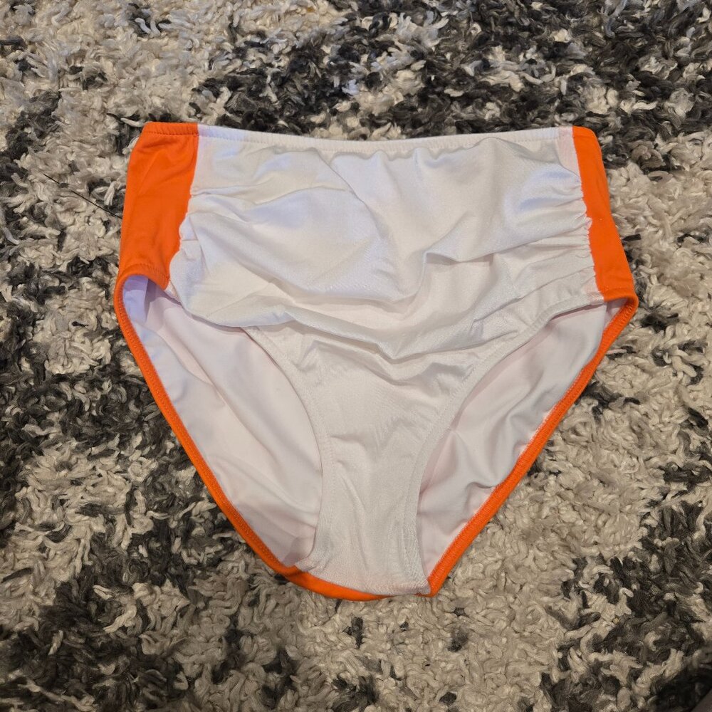 Venus High-Waisted Ruched Bikini Bottoms | Size 8 | White & Orange